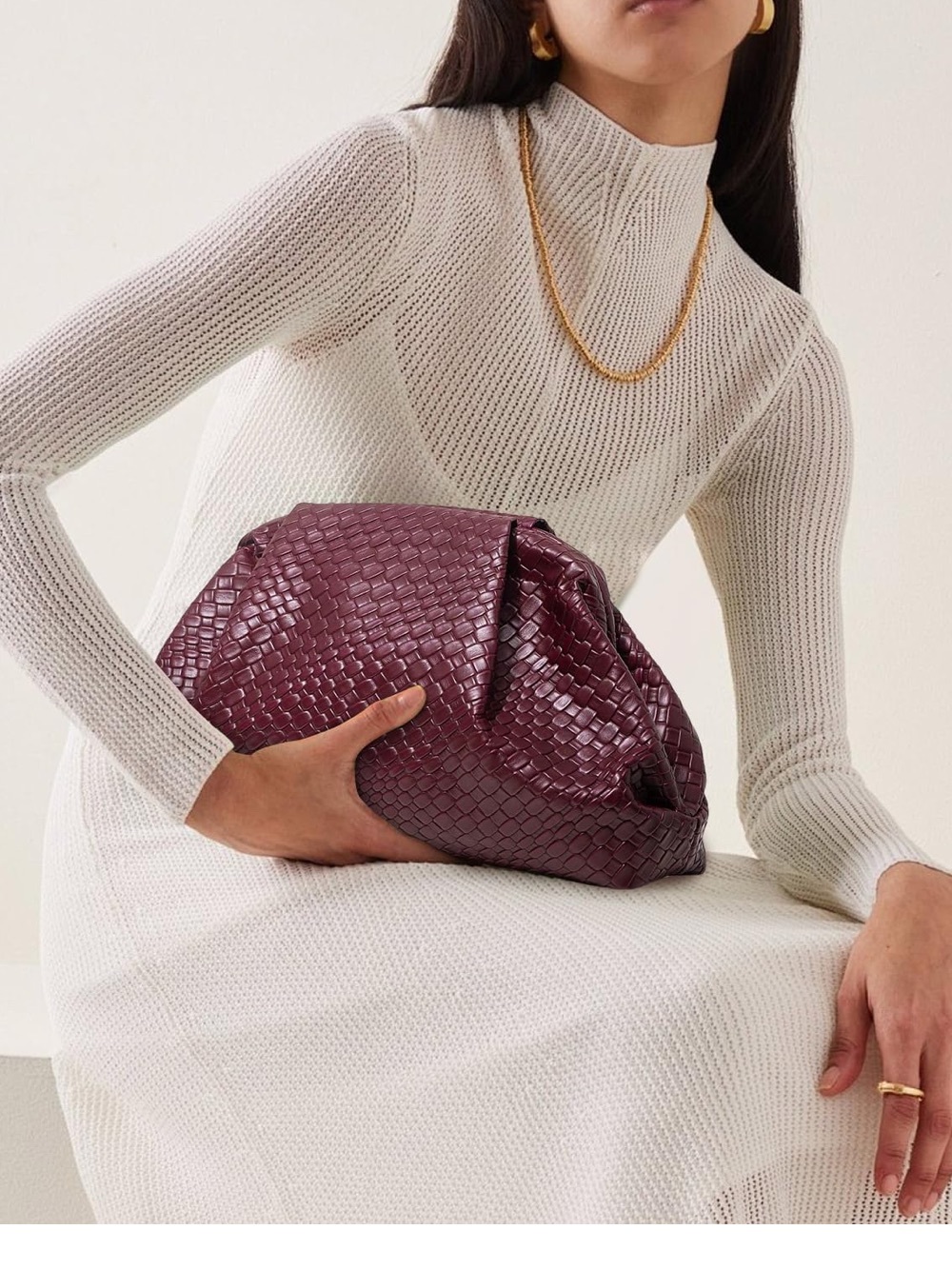 Burgundy Woven Oversized Clutch Bag Soft Slouchy Pouch Handbag